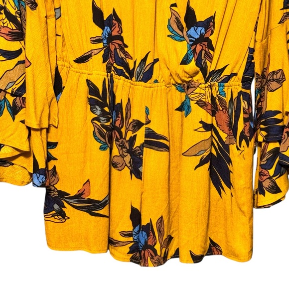 Very J Bohemian Mustard Floral Print Long Ruffled Layered Bell Sleeve Romper - Picture 4 of 12
